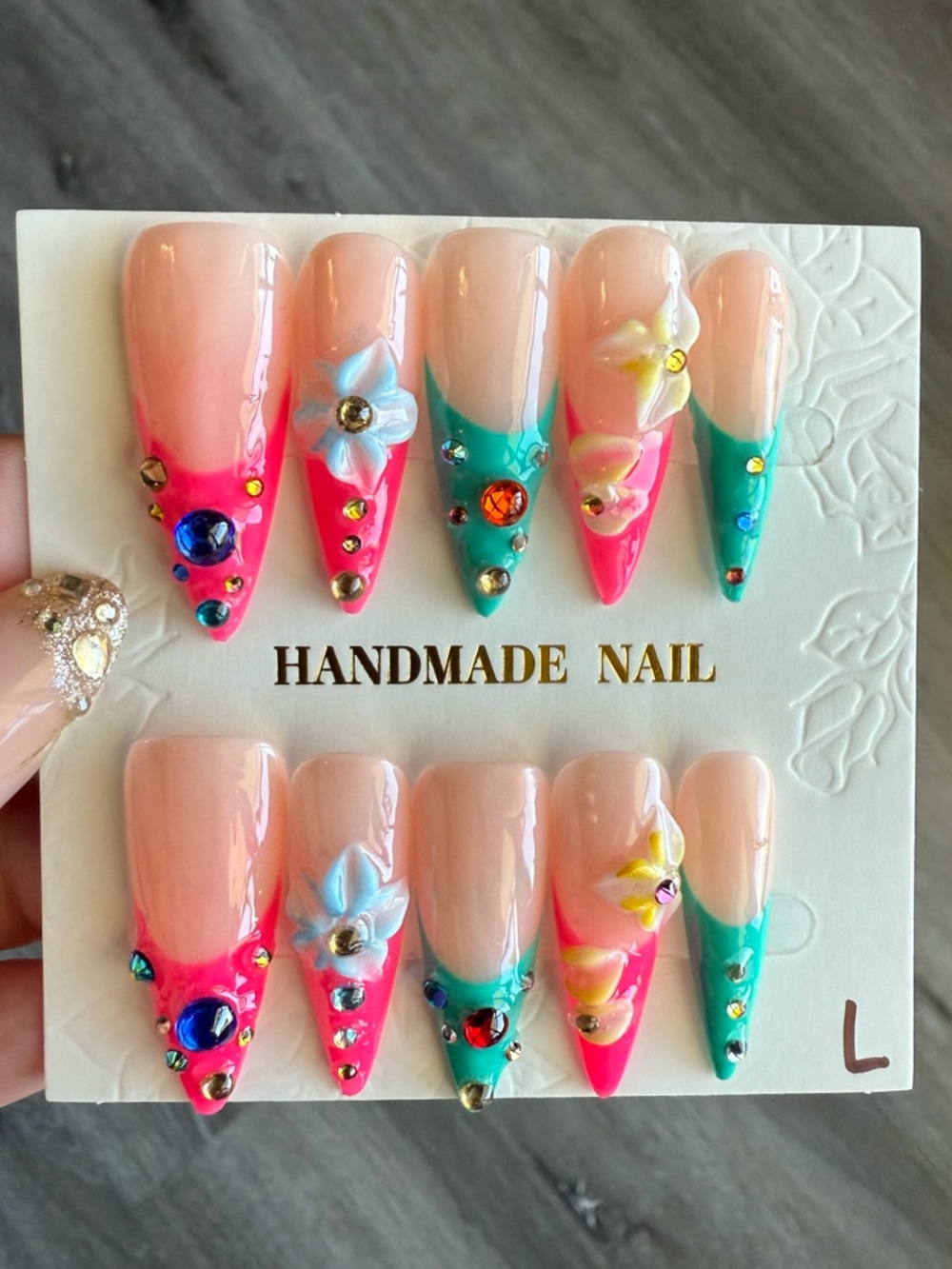 Handmade Pink & Teal Floral Press-On Nails